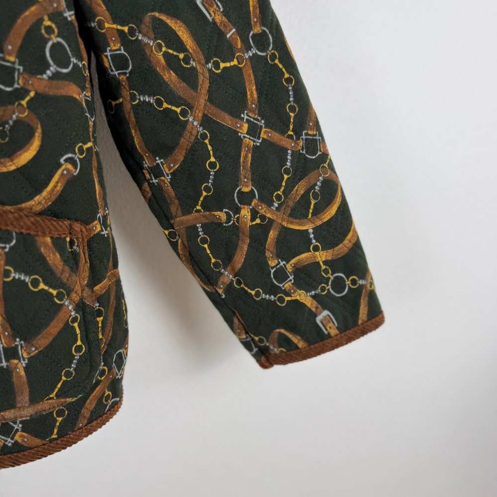 VTG! Jones New York Sport Quilted Jacket S Equestrian Belt Print Green Brown - Picture 11 of 12